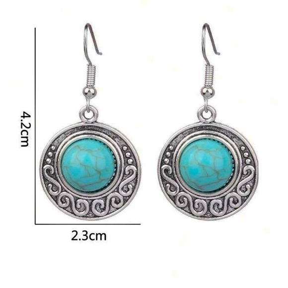 Any 3/$25! Silver Engraved Boho Turquoise Drop Earrings - Picture 2 of 4